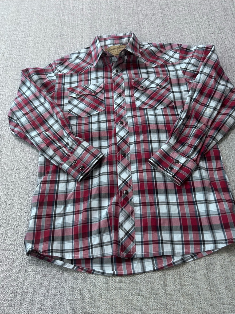Wrangler Red White Plaid Western Pearl Snap Shirt. 100% Cotton 10/12 Youth